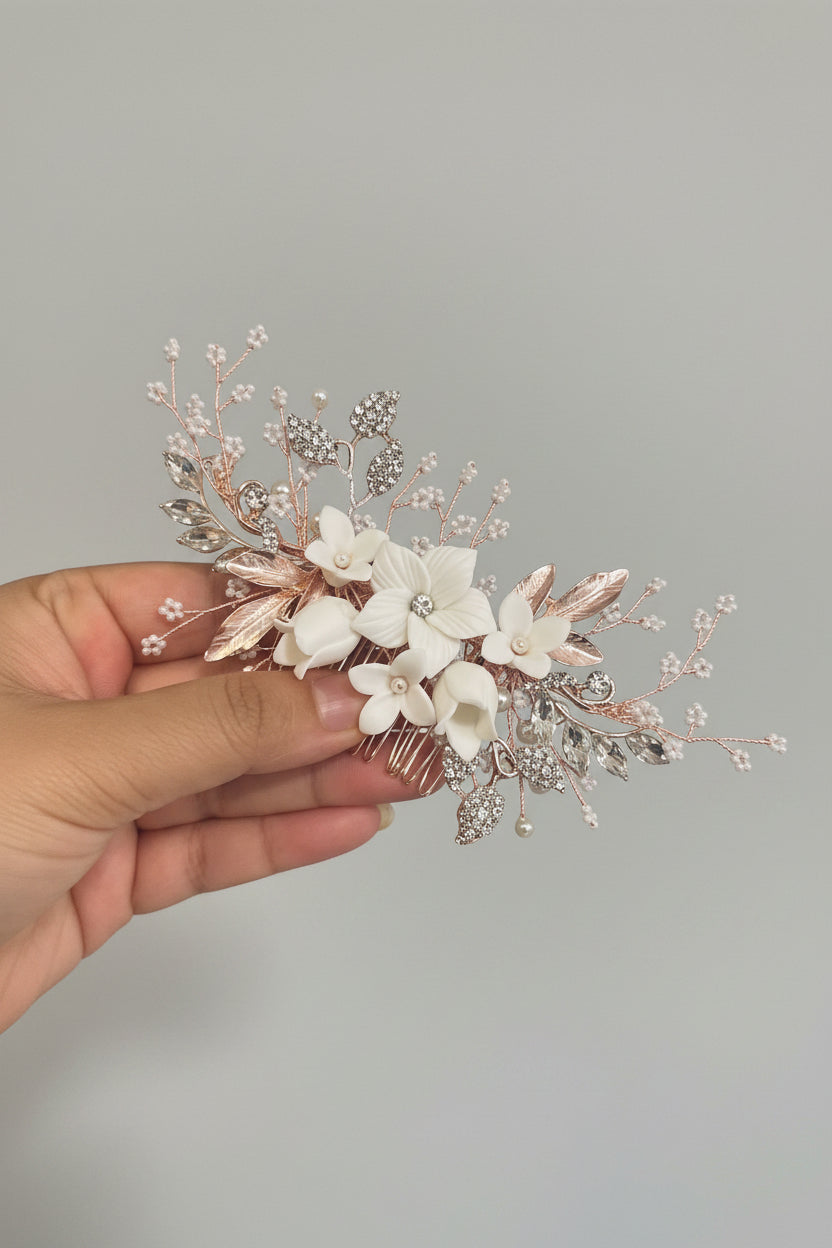 Swarovski Crystals Large Ceramic Flowers & Tiny White Flowers Hair Comb, Bridal Hair piece, Bridal Hair Accessories, Wedding Hair Accessory.