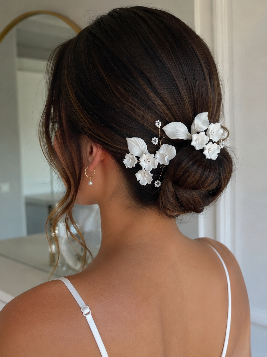 Set Of 5 Porcelain White Floral And Faux Pearl Elegance In Garden Hair Pins , Ceramic Hair pins Set, Bridal Hair Accessories