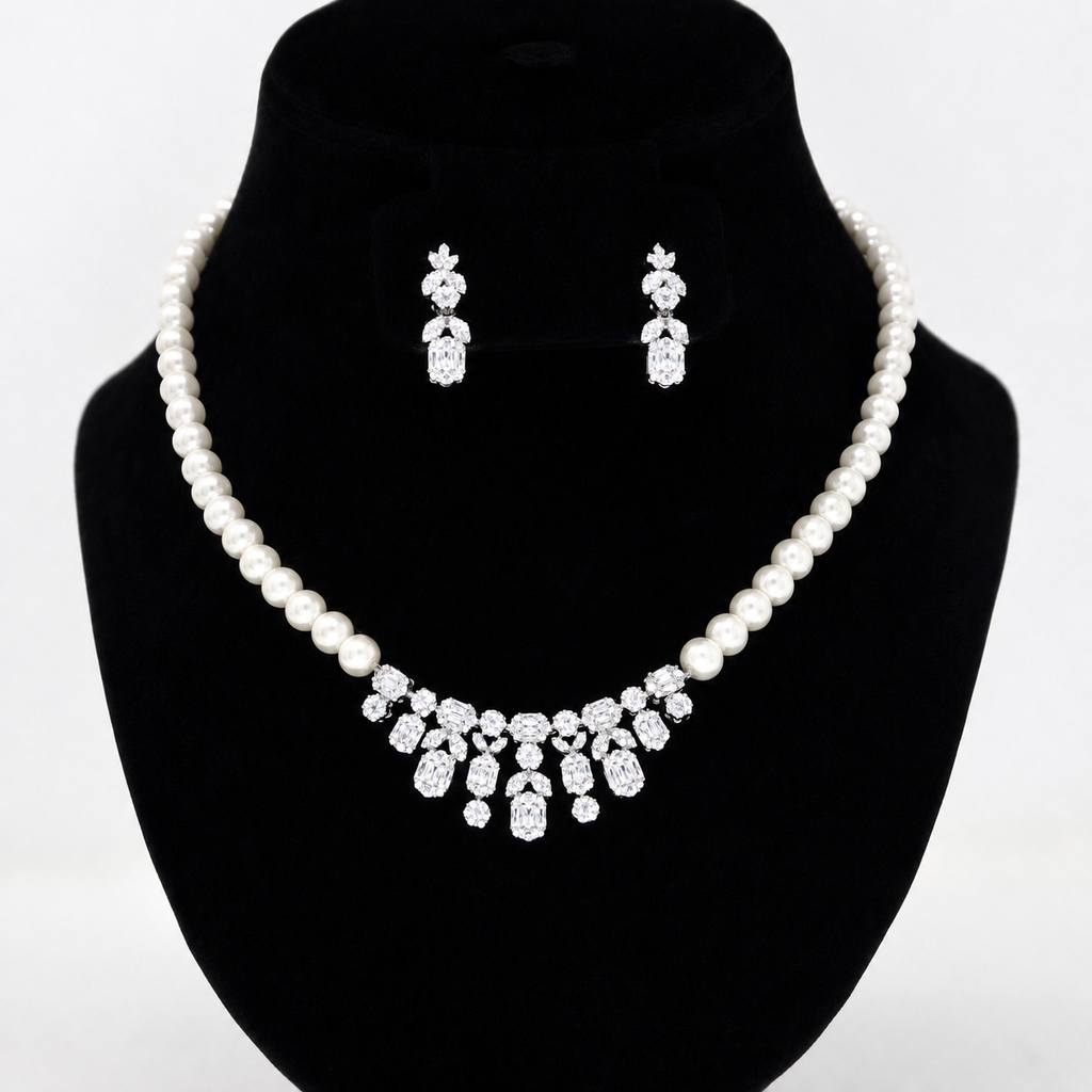 Swarovski Crystal Modern Geometric Pearl leaves Diamond/Crystal Necklace Set, Bridal Necklace Set, Bridal Jewelry, Statement Necklace