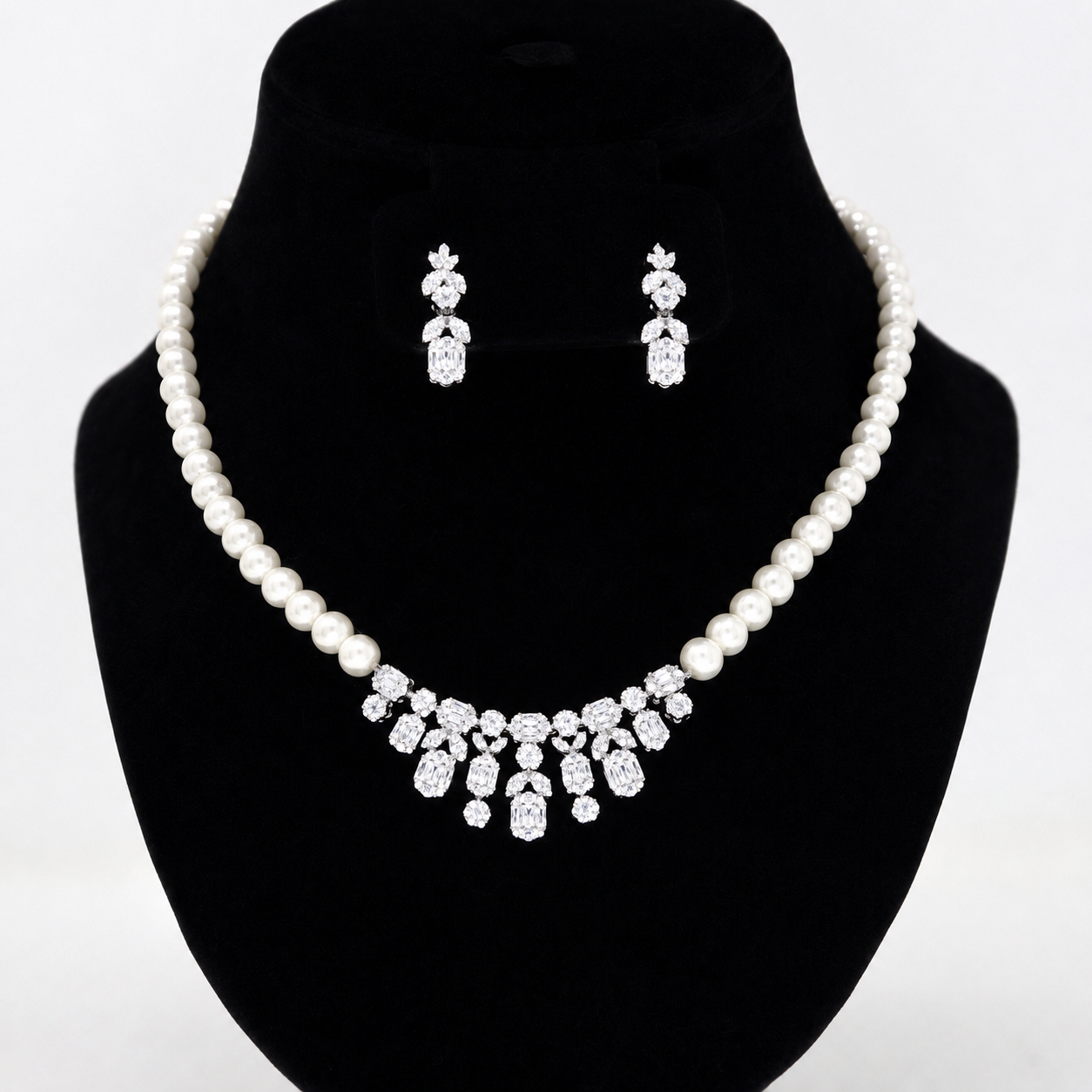Swarovski Crystal Modern Geometric Pearl leaves Diamond/Crystal Necklace Set, Bridal Necklace Set, Bridal Jewelry, Statement Necklace