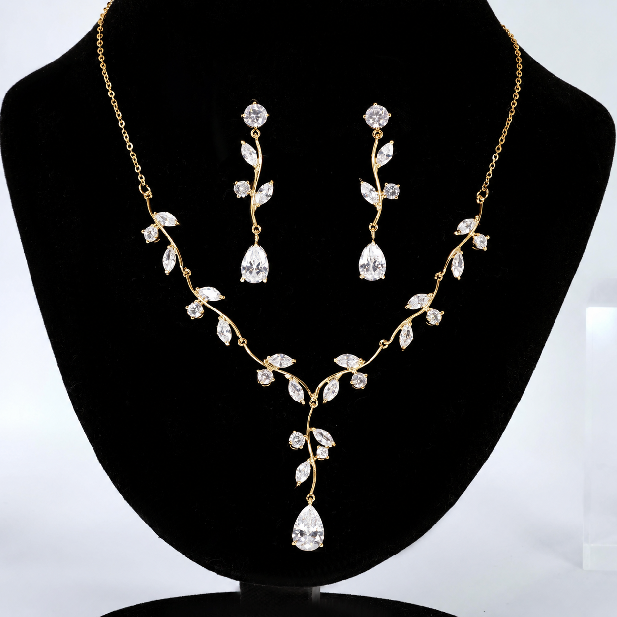 CZ  Echoes of the Enchanted Vine Necklace Set, Long Bridal Jewelry, Bridal Earrings And Necklace, Statement Earrings Cz Necklace Set.