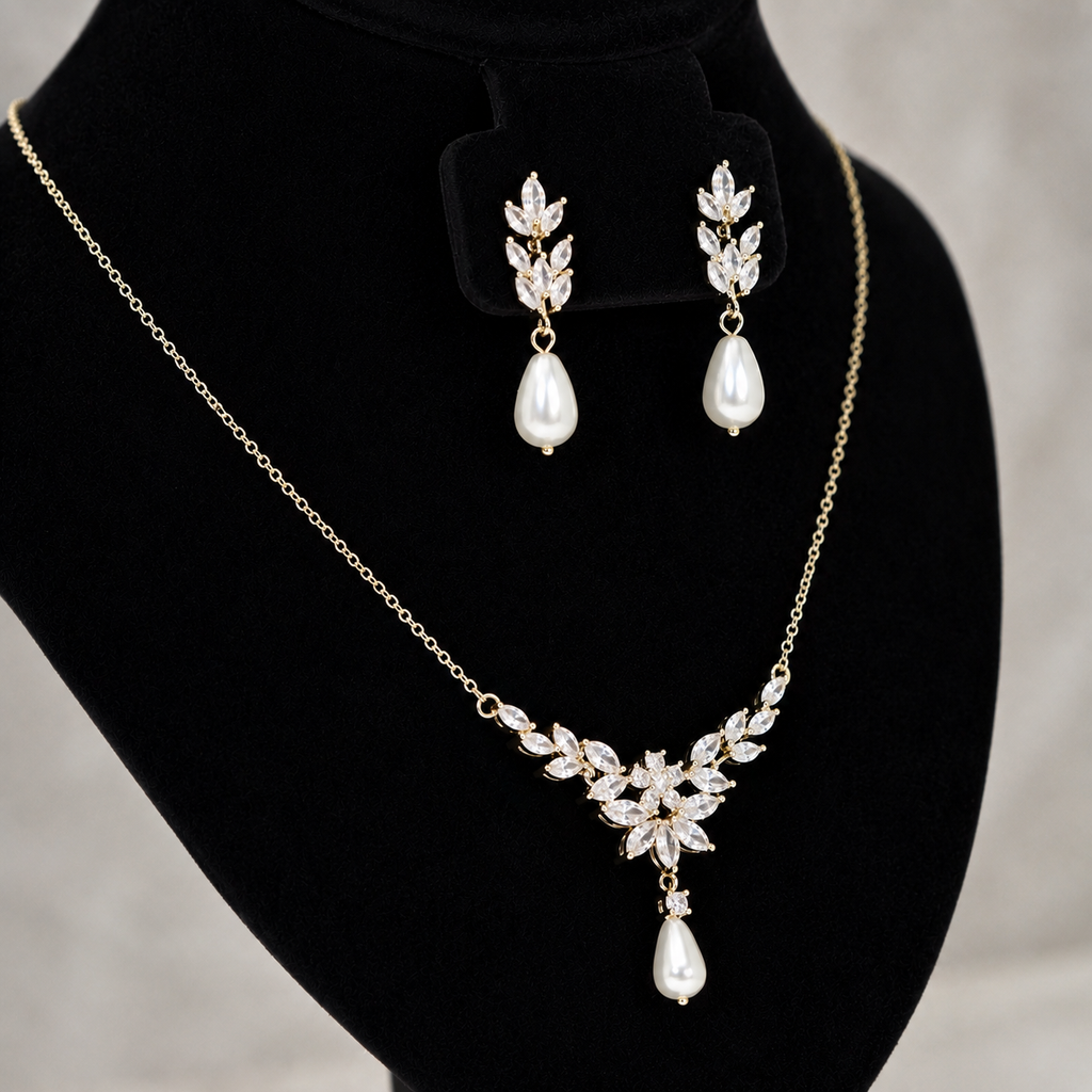 Gold Crystal Faux Pearl Drop Vine Leaves Necklace Set, Long Bridal Earrings And Necklace, Statement Earrings Cz