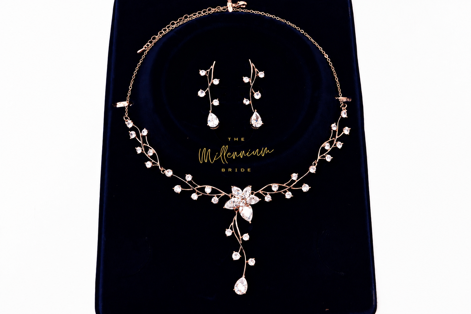Swarovski Crystal Flower Vine Leaves Necklace, Long Bridal Jewelry, Bridal Earrings And Necklace, Statement Earrings Cz Necklace Set.