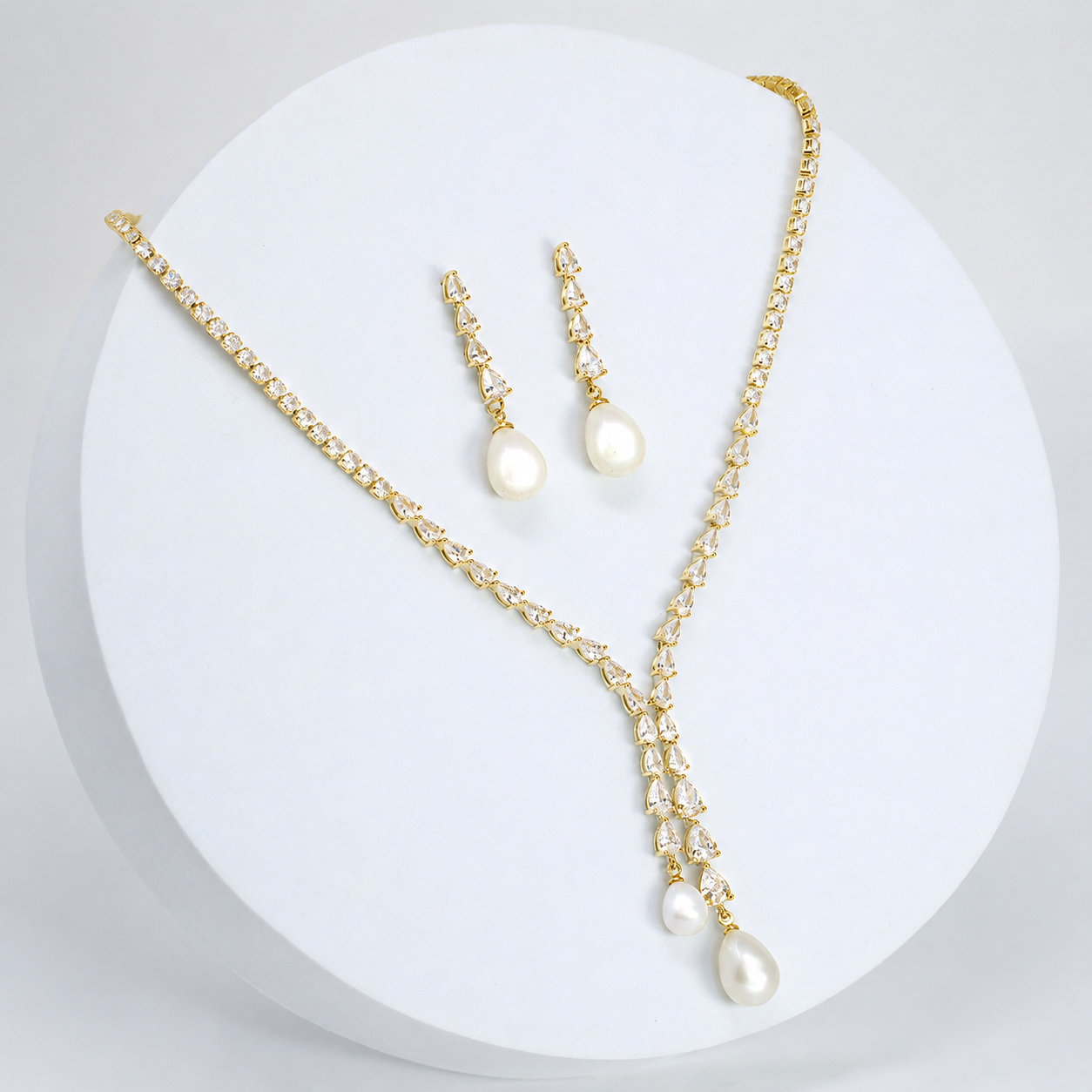 Elegant 2 Pearl Drops V Necklace Set, Dainty Bridal Jewelry Set, Gift For Her, Bridesmaid, Minimalist CZ Jewelry