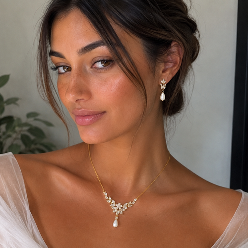 Gold Crystal Faux Pearl Drop Vine Leaves Necklace Set, Long Bridal Earrings And Necklace, Statement Earrings Cz