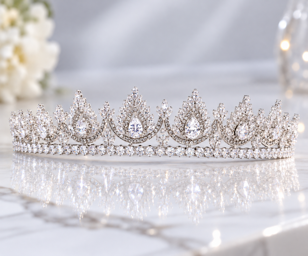 CZ Noor-e-Mahal Tiara, bridal Crown Tiara, Floral Leaves crystal wedding tiara, Crystal Bride, Wedding Crown