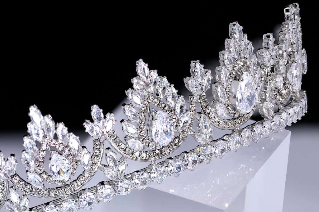 CZ Noor-e-Mahal Tiara, bridal Crown Tiara, Floral Leaves crystal wedding tiara, Crystal Bride, Wedding Crown