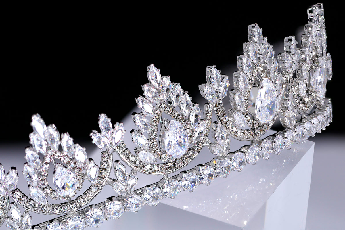 CZ Noor-e-Mahal Tiara, bridal Crown Tiara, Floral Leaves crystal wedding tiara, Crystal Bride, Wedding Crown