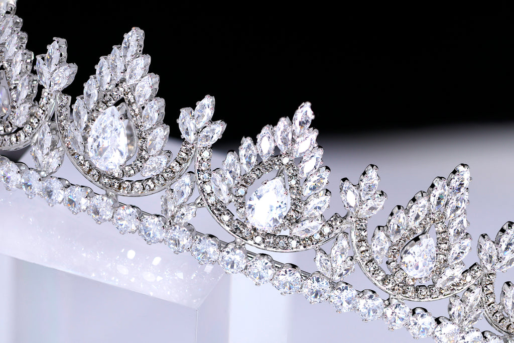 CZ Noor-e-Mahal Tiara, bridal Crown Tiara, Floral Leaves crystal wedding tiara, Crystal Bride, Wedding Crown