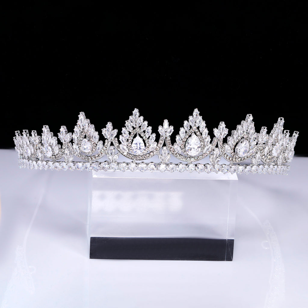 CZ Noor-e-Mahal Tiara, bridal Crown Tiara, Floral Leaves crystal wedding tiara, Crystal Bride, Wedding Crown