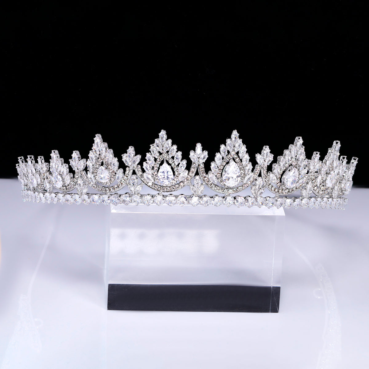 CZ Noor-e-Mahal Tiara, bridal Crown Tiara, Floral Leaves crystal wedding tiara, Crystal Bride, Wedding Crown