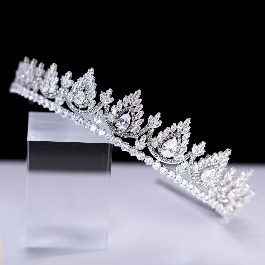 CZ Noor-e-Mahal Tiara, bridal Crown Tiara, Floral Leaves crystal wedding tiara, Crystal Bride, Wedding Crown