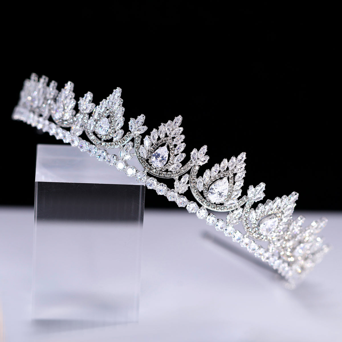 CZ Noor-e-Mahal Tiara, bridal Crown Tiara, Floral Leaves crystal wedding tiara, Crystal Bride, Wedding Crown