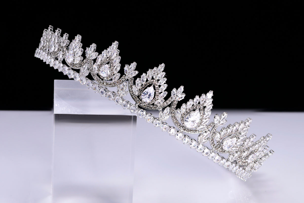 CZ Noor-e-Mahal Tiara, bridal Crown Tiara, Floral Leaves crystal wedding tiara, Crystal Bride, Wedding Crown
