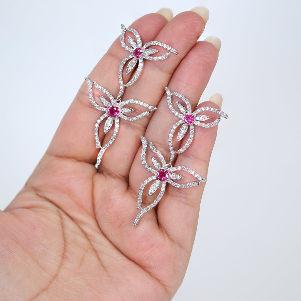 Swarovski Crystal Pink Floral Vine Necklace Set , Long Bridal Jewelry, Bridal Earrings And Necklace, Statement Earrings Cz Necklace Set. - TheMillenniumBride