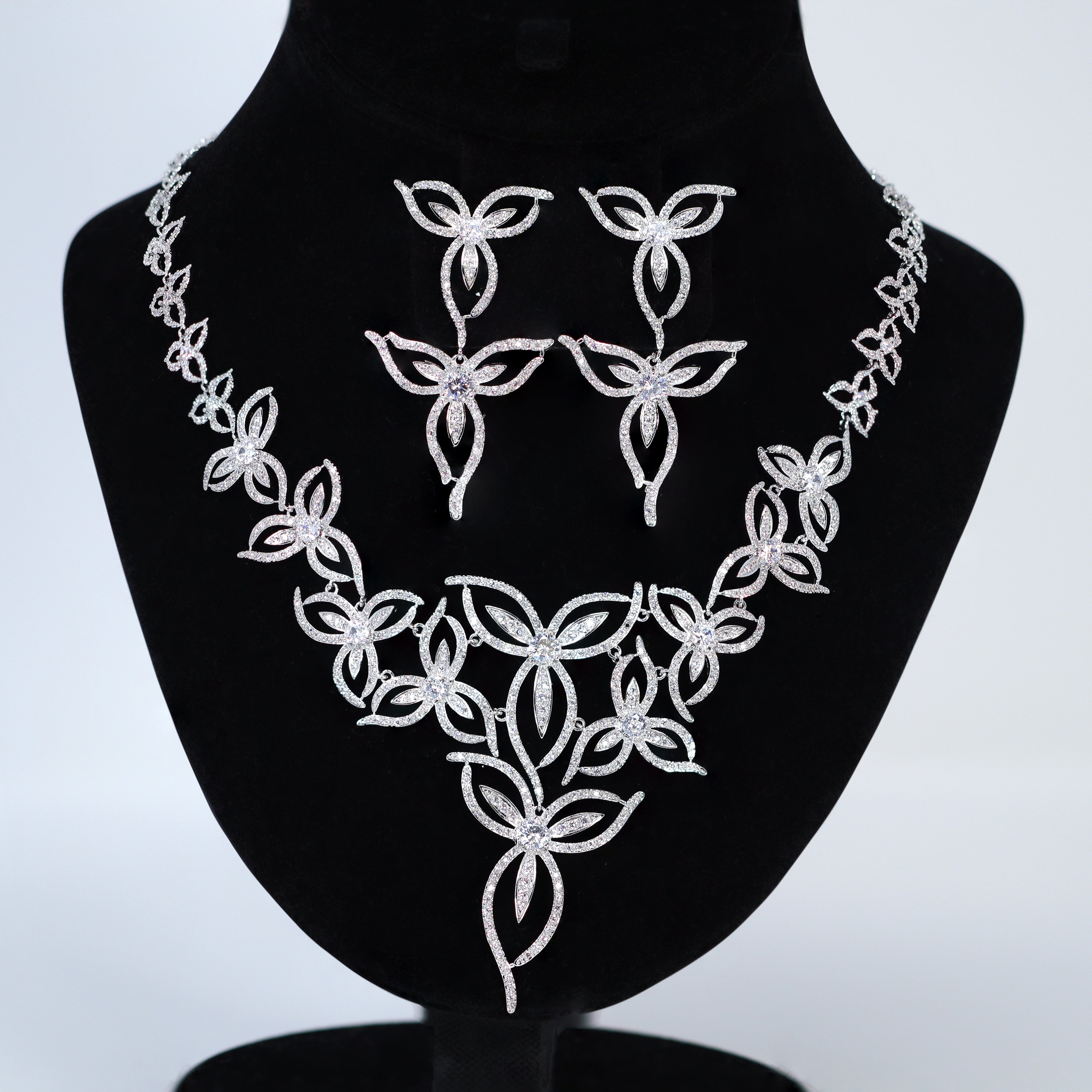 Swarovski Crystal Silver Floral Vine Necklace Set , Long Bridal Jewelry, Bridal Earrings And Necklace, Statement Earrings Cz Necklace Set. - TheMillenniumBride