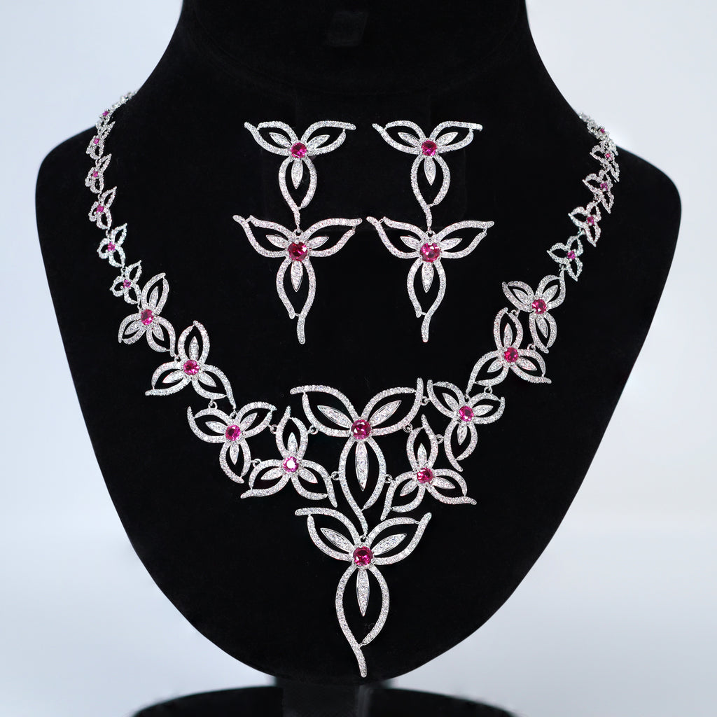 Swarovski Crystal Pink Floral Vine Necklace Set , Long Bridal Jewelry, Bridal Earrings And Necklace, Statement Earrings Cz Necklace Set. - TheMillenniumBride