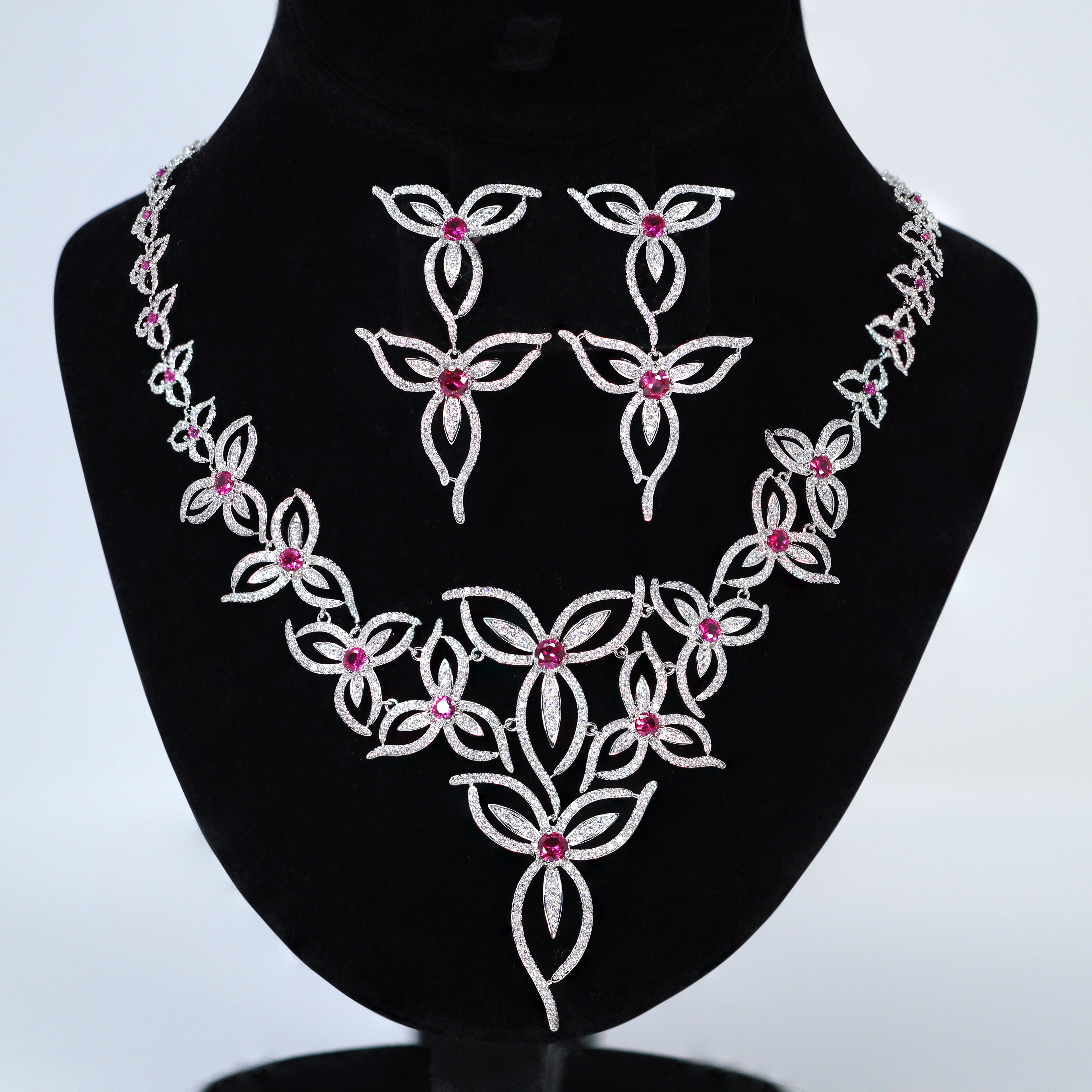 Swarovski Crystal Pink Floral Vine Necklace Set , Long Bridal Jewelry, Bridal Earrings And Necklace, Statement Earrings Cz Necklace Set. - TheMillenniumBride