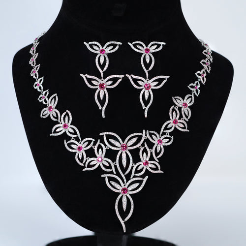 Swarovski Crystal Pink Floral Vine Necklace Set , Long Bridal Jewelry, Bridal Earrings And Necklace, Statement Earrings Cz Necklace Set. - TheMillenniumBride