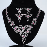 Swarovski Crystal Pink Floral Vine Necklace Set , Long Bridal Jewelry, Bridal Earrings And Necklace, Statement Earrings Cz Necklace Set.