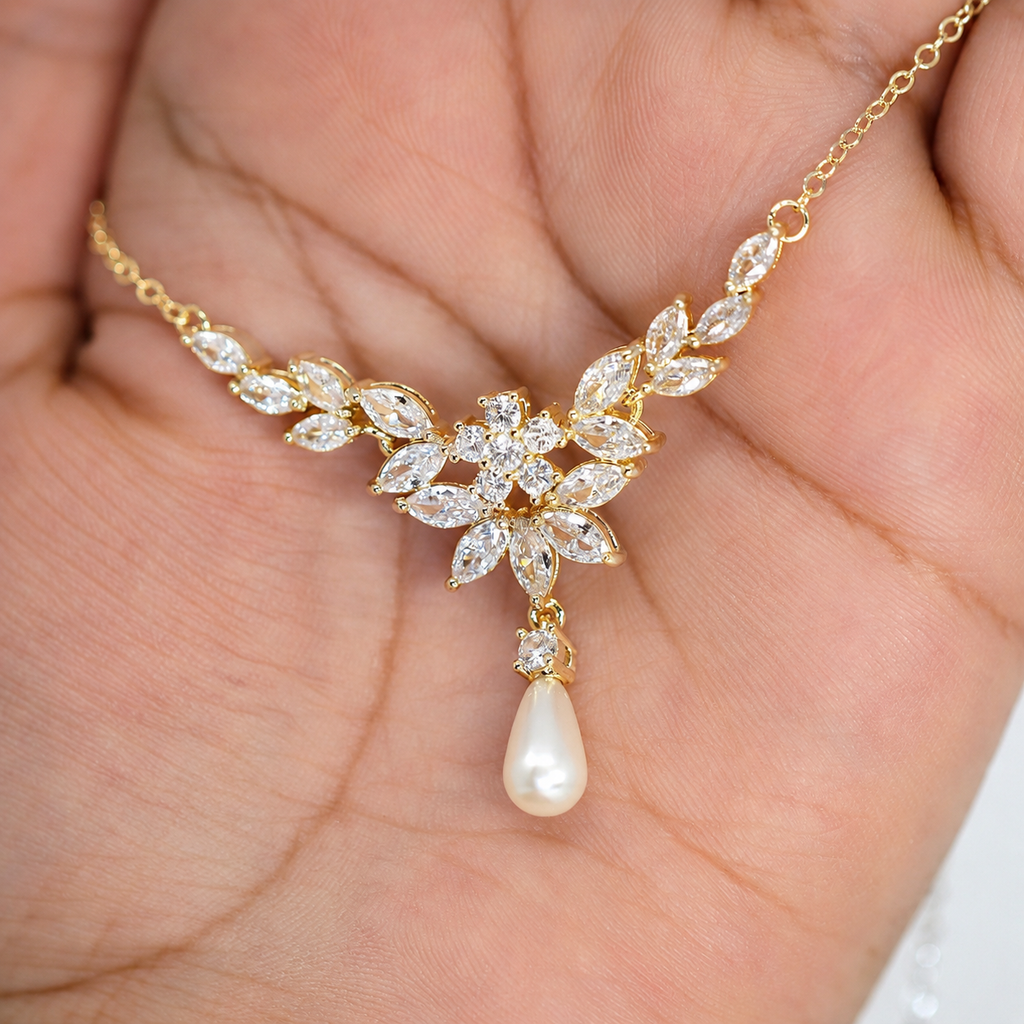 Gold Crystal Faux Pearl Drop Vine Leaves Necklace Set, Long Bridal Earrings And Necklace, Statement Earrings Cz