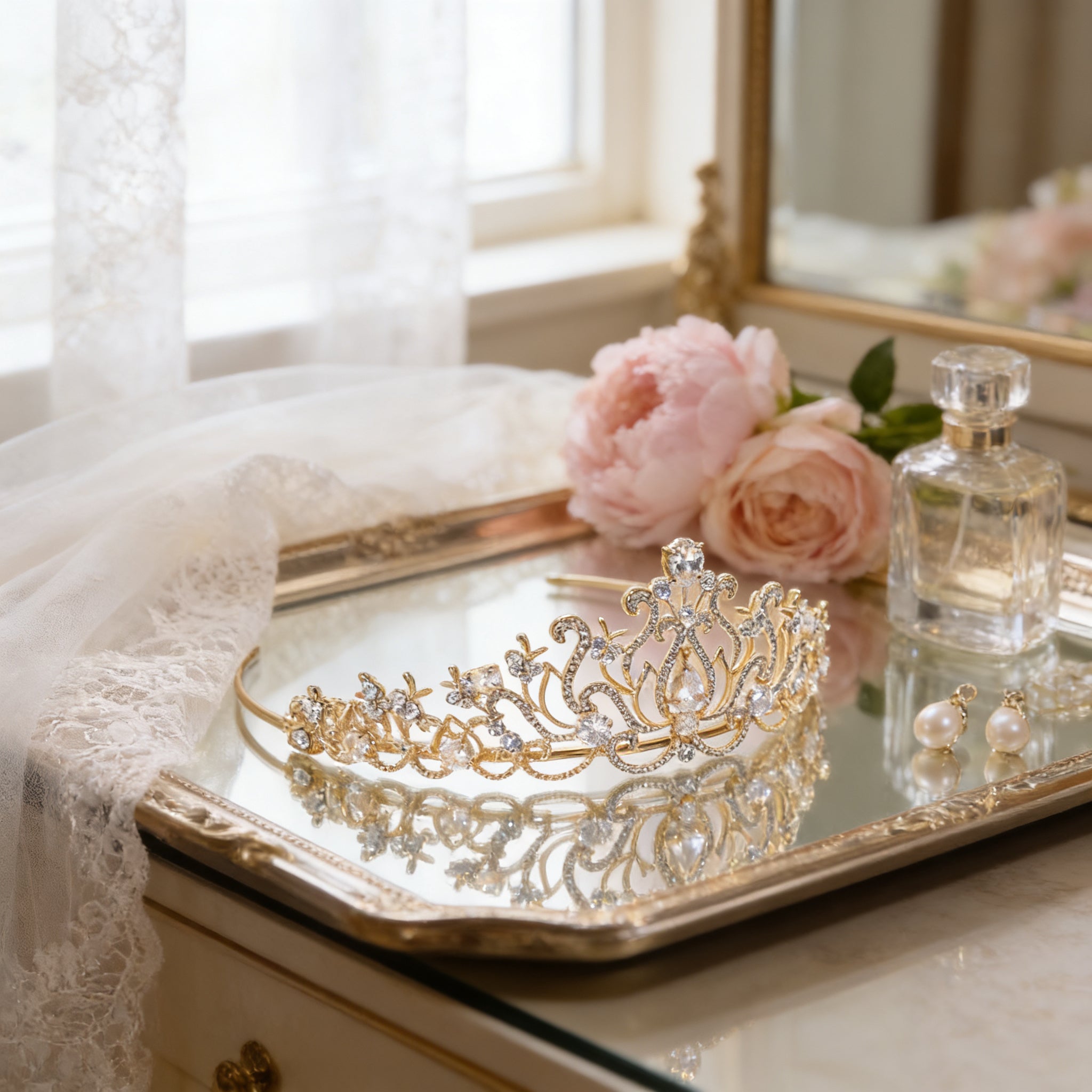 A gold tiara with sparkling rhinestones, a white lace veil, and a perfume bottle are arranged on a glass tray, with a bouquet of pink roses and pearls nearby.