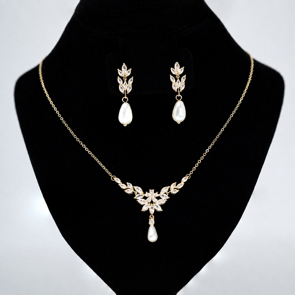 Gold Crystal Faux Pearl Drop Vine Leaves Necklace Set, Long Bridal Earrings And Necklace, Statement Earrings Cz