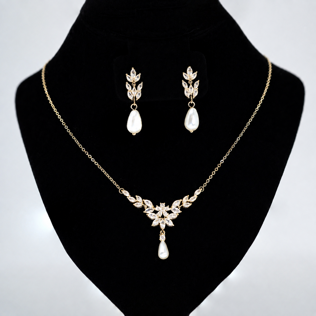 Gold Crystal Faux Pearl Drop Vine Leaves Necklace Set, Long Bridal Earrings And Necklace, Statement Earrings Cz