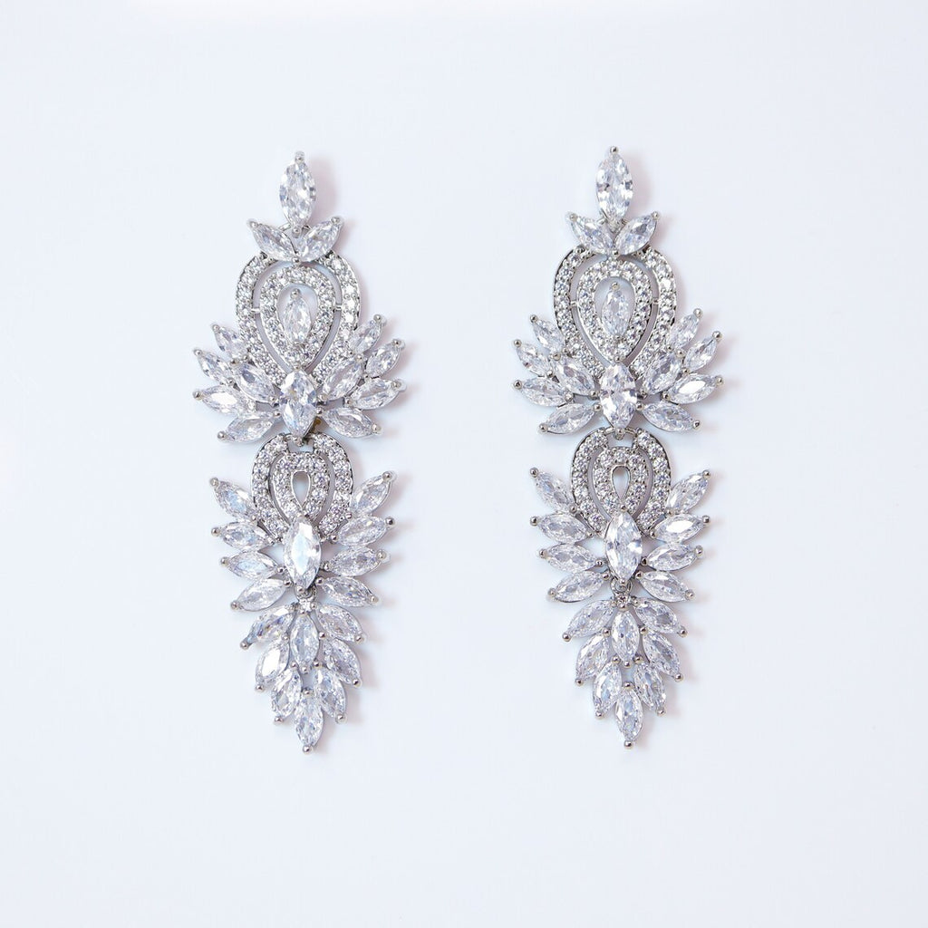 Cubic Zirconia Diamond/Crystal Leaf Earrings, Long Bridal Jewelry, Bridal Earrings, Crystal Bridal Earrings, Statement Earrings Cz - TheMillenniumBride