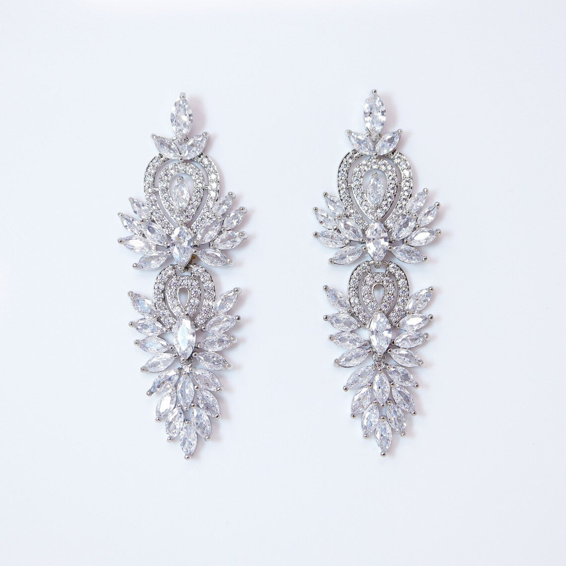 Cubic Zirconia Diamond/Crystal Leaf Earrings, Long Bridal Jewelry, Bridal Earrings, Crystal Bridal Earrings, Statement Earrings Cz - TheMillenniumBride