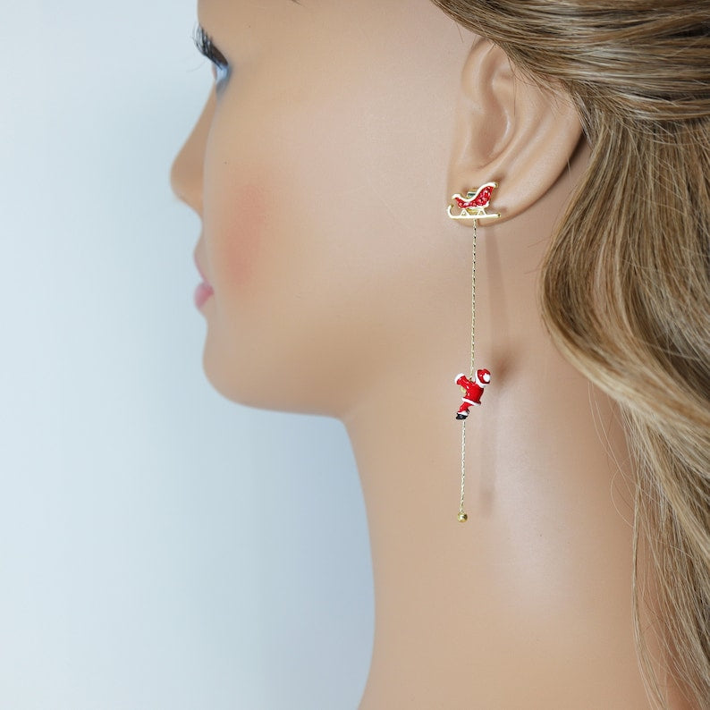Two In One Climbing Santa tassel Christmas Tree Earrings, Long Tassel Christmas Earrings Statement Christmas earrings. - TheMillenniumBride