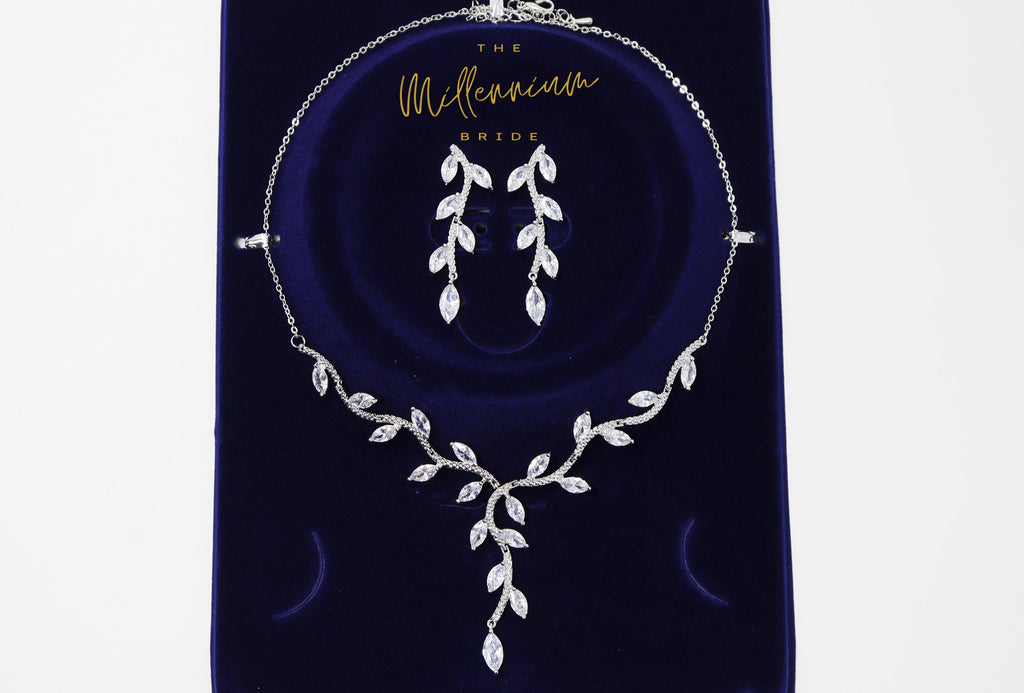 Swarovski Crystal Vine Leaves Necklace, Long Bridal Jewelry, Bridal Earrings And Necklace, Statement Earrings Cz Necklace Set.