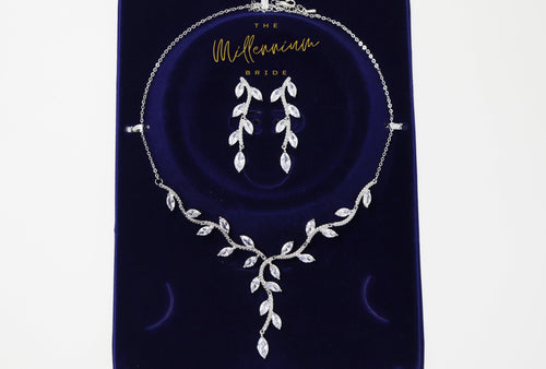 Swarovski Crystal Vine Leaves Necklace, Long Bridal Jewelry, Bridal Earrings And Necklace, Statement Earrings Cz Necklace Set.