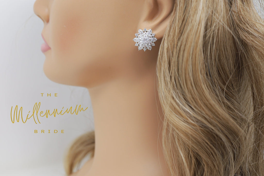 Cubic Zirconia Diamond Flower Leaves stud Earrings, Bridal Jewelry, Bridal Stud Earrings, Crystal Bridal Earrings, Statement Earrings Cz