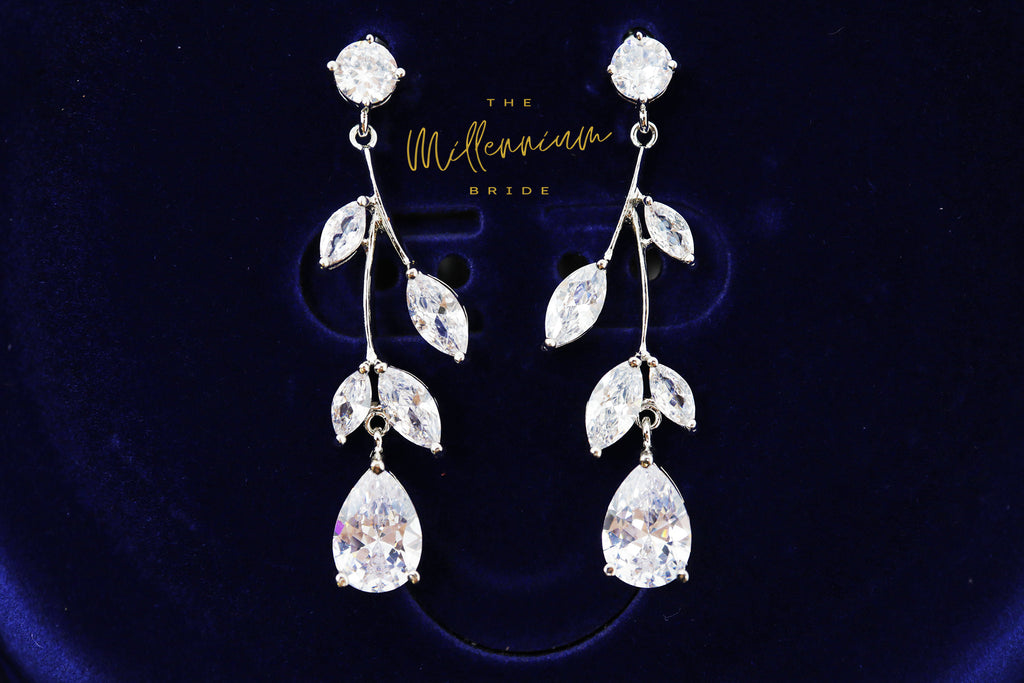 Swarovski Crystal Flower Vine Leaves Earrings, Long Bridal Jewelry, Bridal Earrings And Necklace, Statement Earrings Cz Necklace Set.