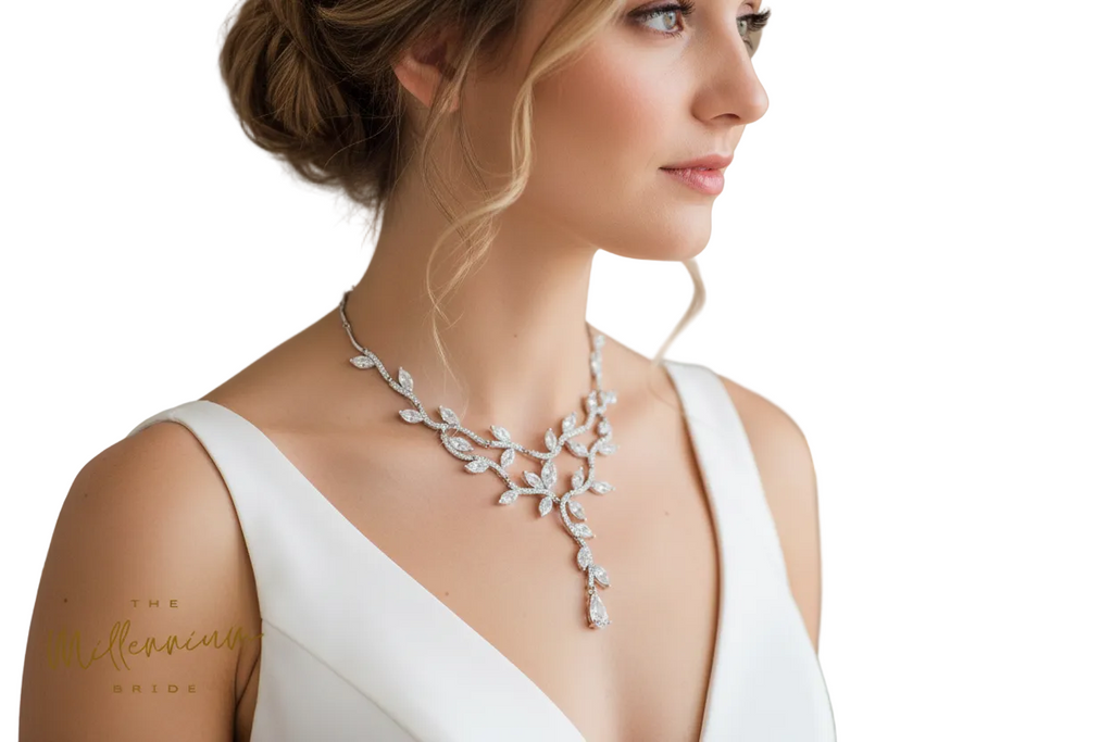 Swarovski Crystal Two Vine Leaves Necklace, Long Bridal Jewelry, Bridal Earrings And Necklace, Statement Earrings Cz Necklace Set. - TheMillenniumBride