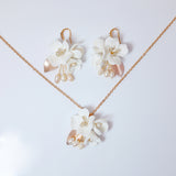 Swarovski Freshwater Gold White Flower Crystal Necklace set , Long Bridal Jewelry Crystal Necklace Bridal Earrings Statement Earrings