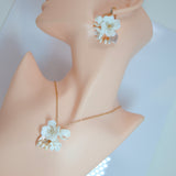 Swarovski Freshwater Gold White Flower Crystal Necklace set , Long Bridal Jewelry Crystal Necklace Bridal Earrings Statement Earrings