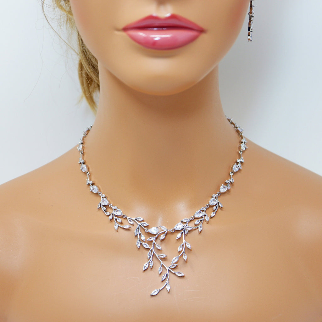 Swarovski Crystal Ethereal Vine Leaves Necklace Set, Long Bridal Jewelry, Bridal Earrings And Necklace, Statement Earrings Cz Necklace Set.