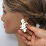 Clip on Ceramic White Flower Crystal And Gold Leaves Earrings, Long Bridal Jewelry, Flower Bridal Earrings, Statement Earrings