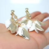 Clip on Ceramic White Flower Crystal And Gold Leaves Earrings, Long Bridal Jewelry, Flower Bridal Earrings, Statement Earrings