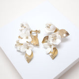 Clip on Ceramic White Flower Crystal And Gold Leaves Earrings, Long Bridal Jewelry, Flower Bridal Earrings, Statement Earrings