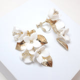 Clip on Ceramic White Flower Crystal And Gold Leaves Earrings, Long Bridal Jewelry, Flower Bridal Earrings, Statement Earrings