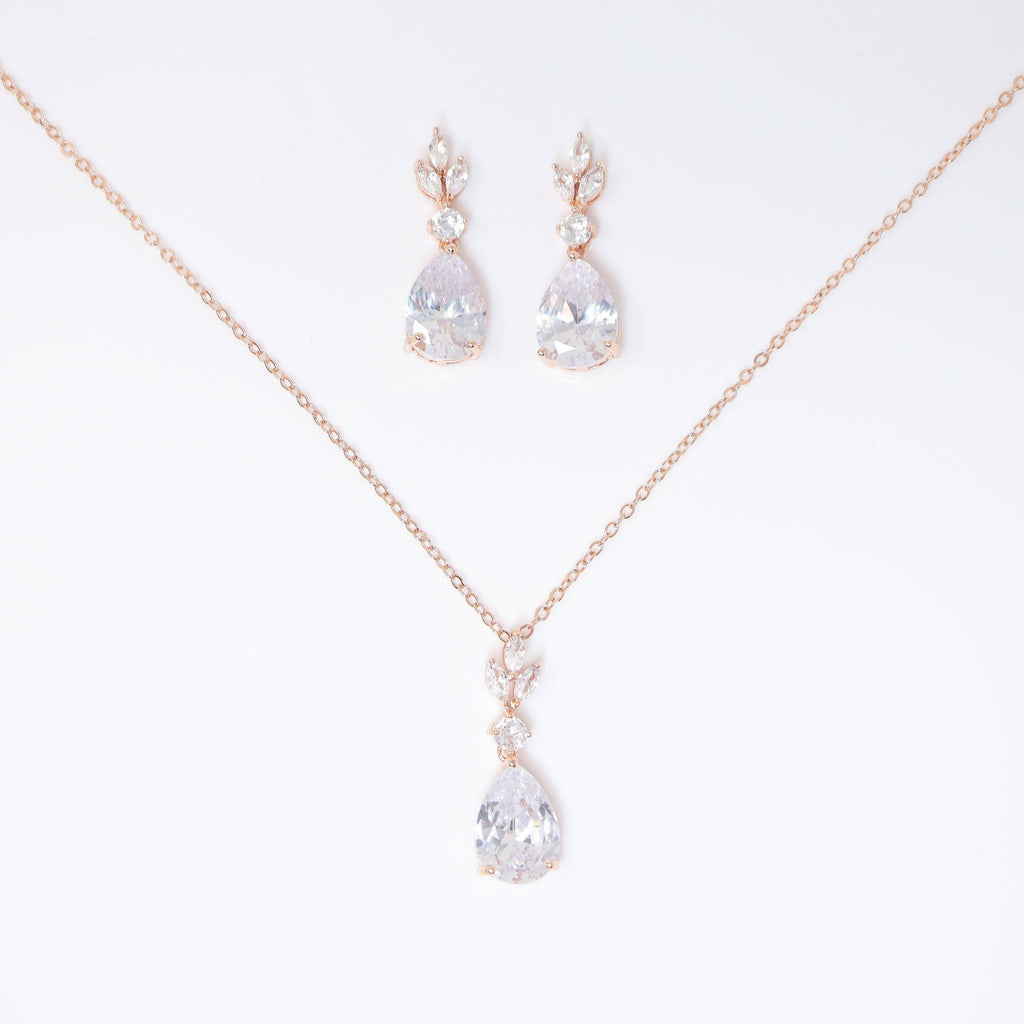 Swarovski Crystal Dainty Rose Gold Leaves Drop Necklace , Bridal Jewelry, Bridal Earrings And Necklace, Statement Earrings Cz, Necklace Set