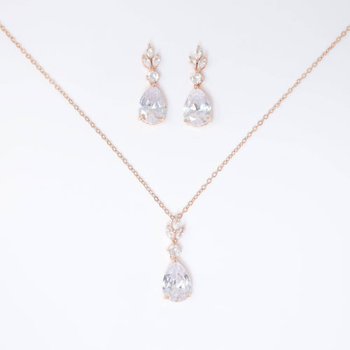 Swarovski Crystal Dainty Rose Gold Leaves Drop Necklace , Bridal Jewelry, Bridal Earrings And Necklace, Statement Earrings Cz, Necklace Set