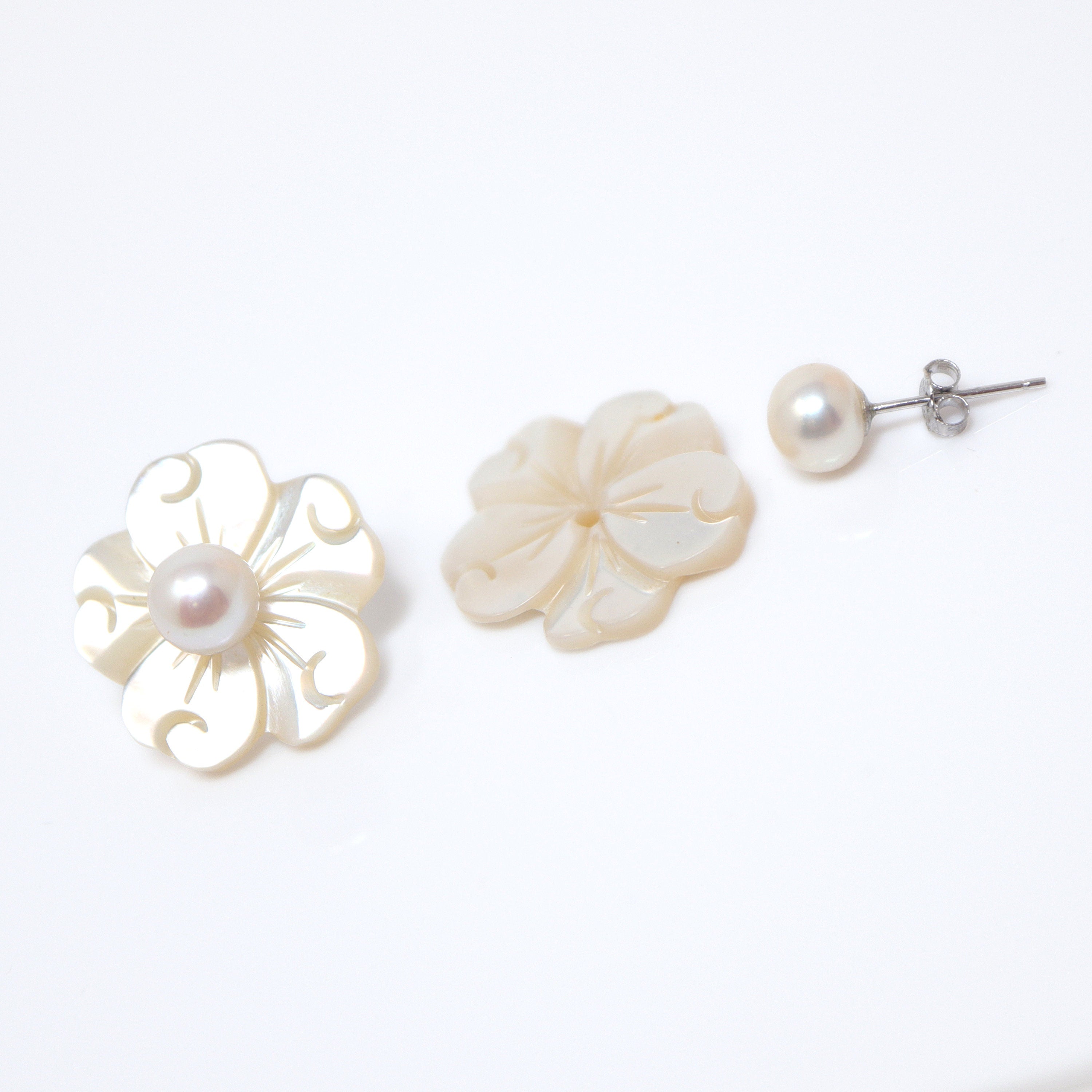 Natural Freshwater Pearls With Mother Of Pearl Carved Flower Earrings, Bridal Jewelry Bridal Stud Earrings Pearl Stud Statement Earrings
