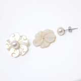 Natural Freshwater Pearls With Mother Of Pearl Carved Flower Earrings, Bridal Jewelry Bridal Stud Earrings Pearl Stud Statement Earrings