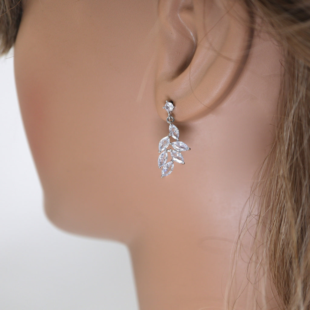 Swarovski Crystal Dainty Vine Leaves Necklace, Long Bridal Jewelry, Bridal Earrings And Necklace, Statement Earrings Cz Necklace Set.