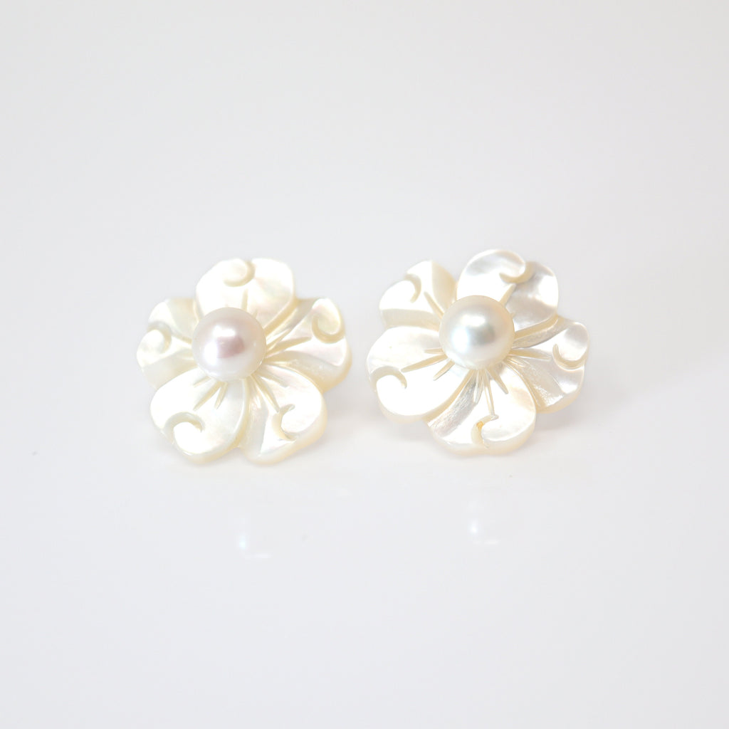 Natural Freshwater Pearls With Mother Of Pearl Carved Flower Earrings, Bridal Jewelry Bridal Stud Earrings Pearl Stud Statement Earrings