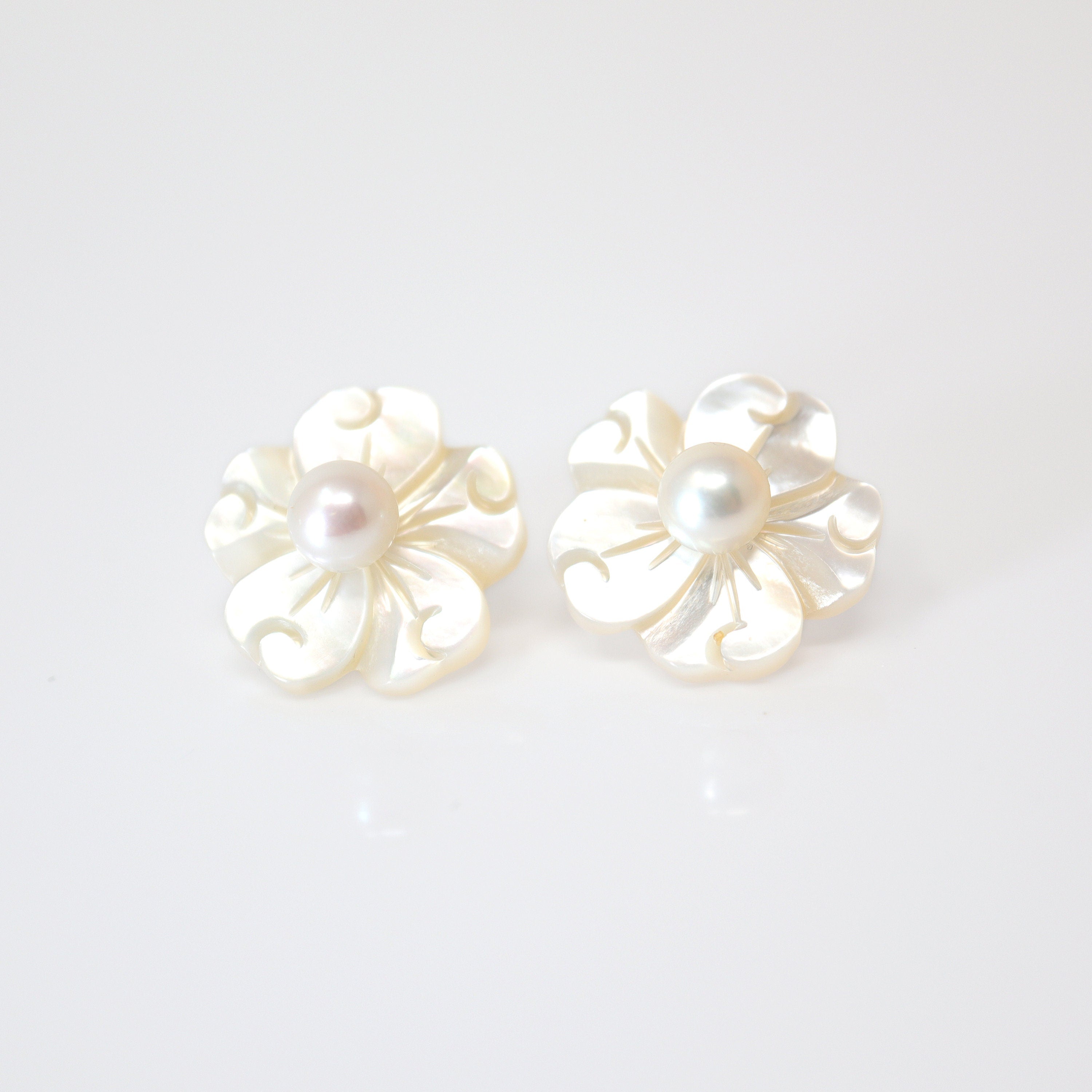 Natural Freshwater Pearls With Mother Of Pearl Carved Flower Earrings, Bridal Jewelry Bridal Stud Earrings Pearl Stud Statement Earrings